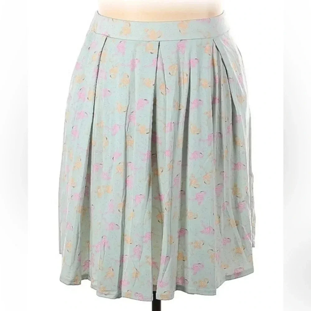 LuLaRoe Madison Mint Green Pleated Madison Skirt Flamingo Print Plus Size 2X